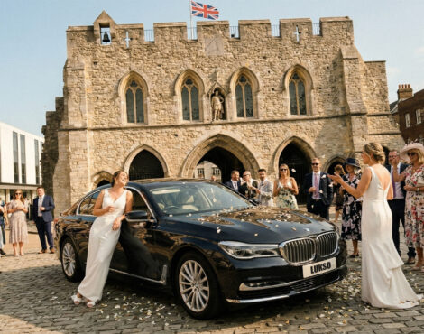 A bride in a white dress stands by a black BMW wedding car hire in front of a historic stone building, with guests surrounding her and flower petals scattered on the ground.