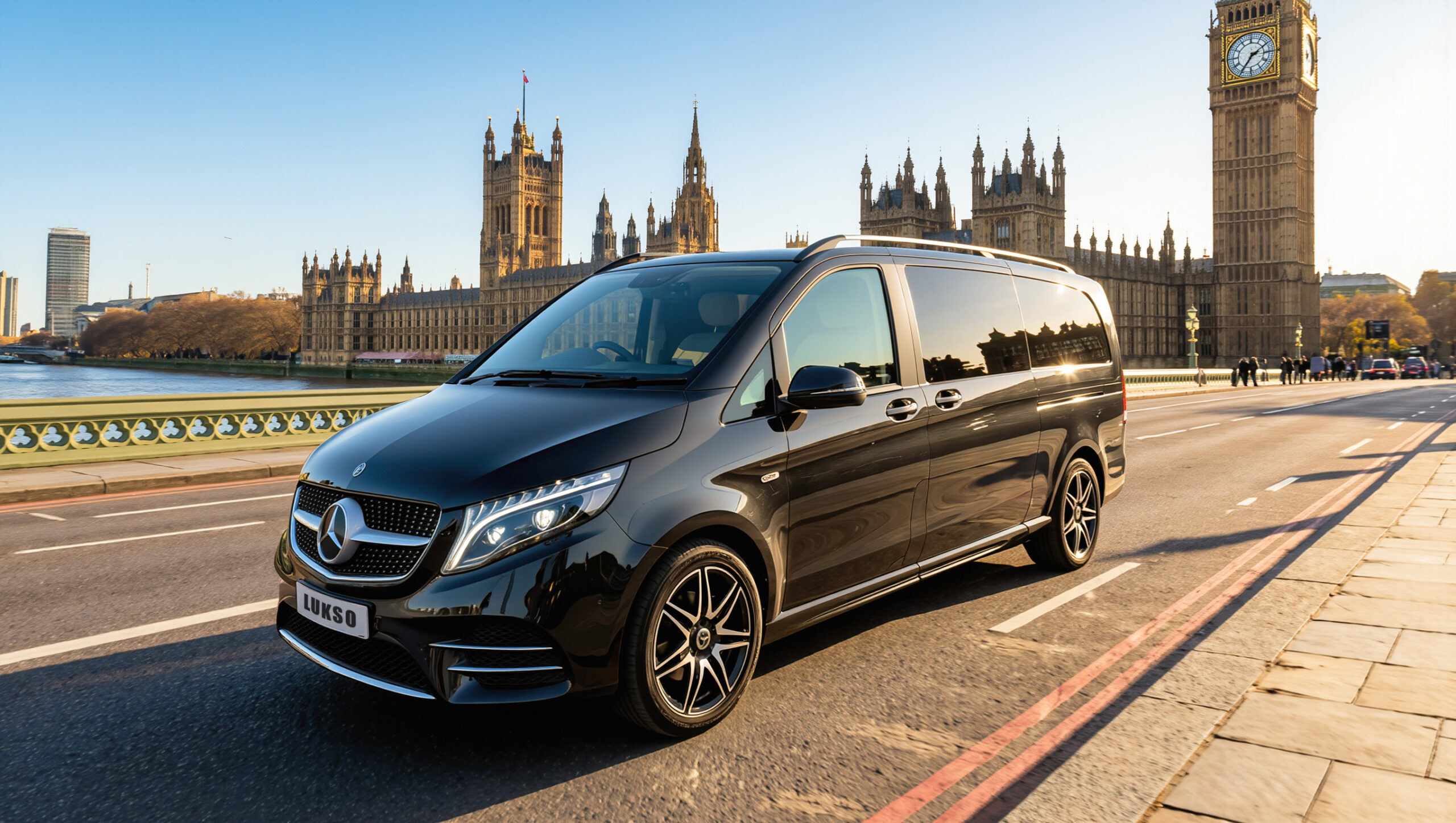 A black Mercedes-Benz van parked on a road with the Houses of Parliament and Big Ben in the background in London, perfect for stylish corporate transfers during the daytime.