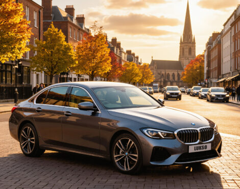 A silver BMW 5 Series saloon parked on a cobbled city street as people walk by, with autumn trees and a church in the background lit by the sunset.