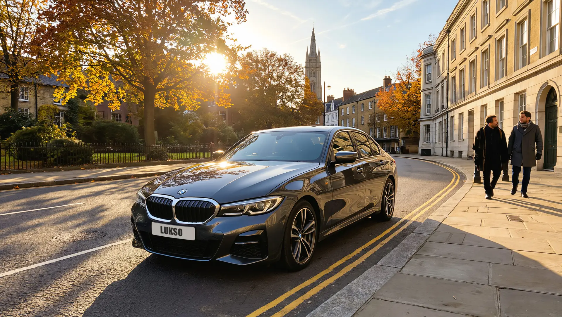 A grey BMW 5 Series saloon with the number plate LUKSO is parked on a sunlit street lined with historic buildings and autumn trees, as two people walk on the pavement.
