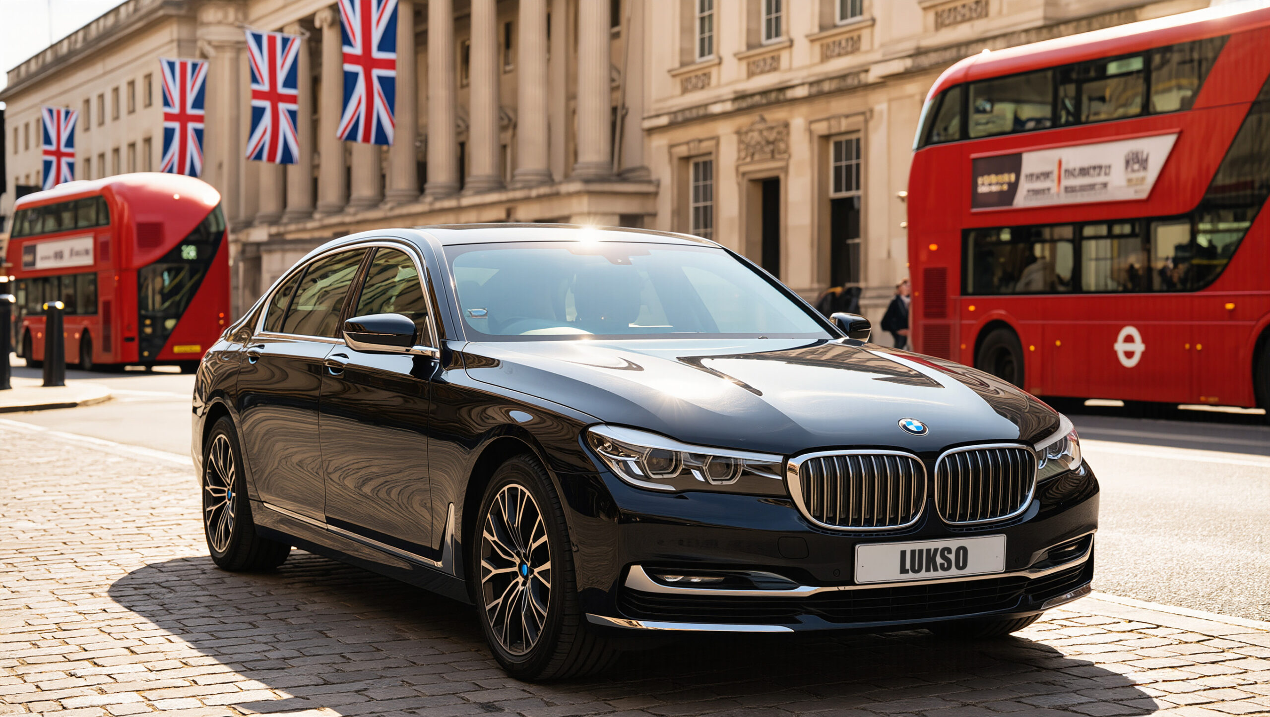 A sleek black BMW 5 Series saloon parked on a cobbled street, with red double-decker buses and Union Jack flags in the background.