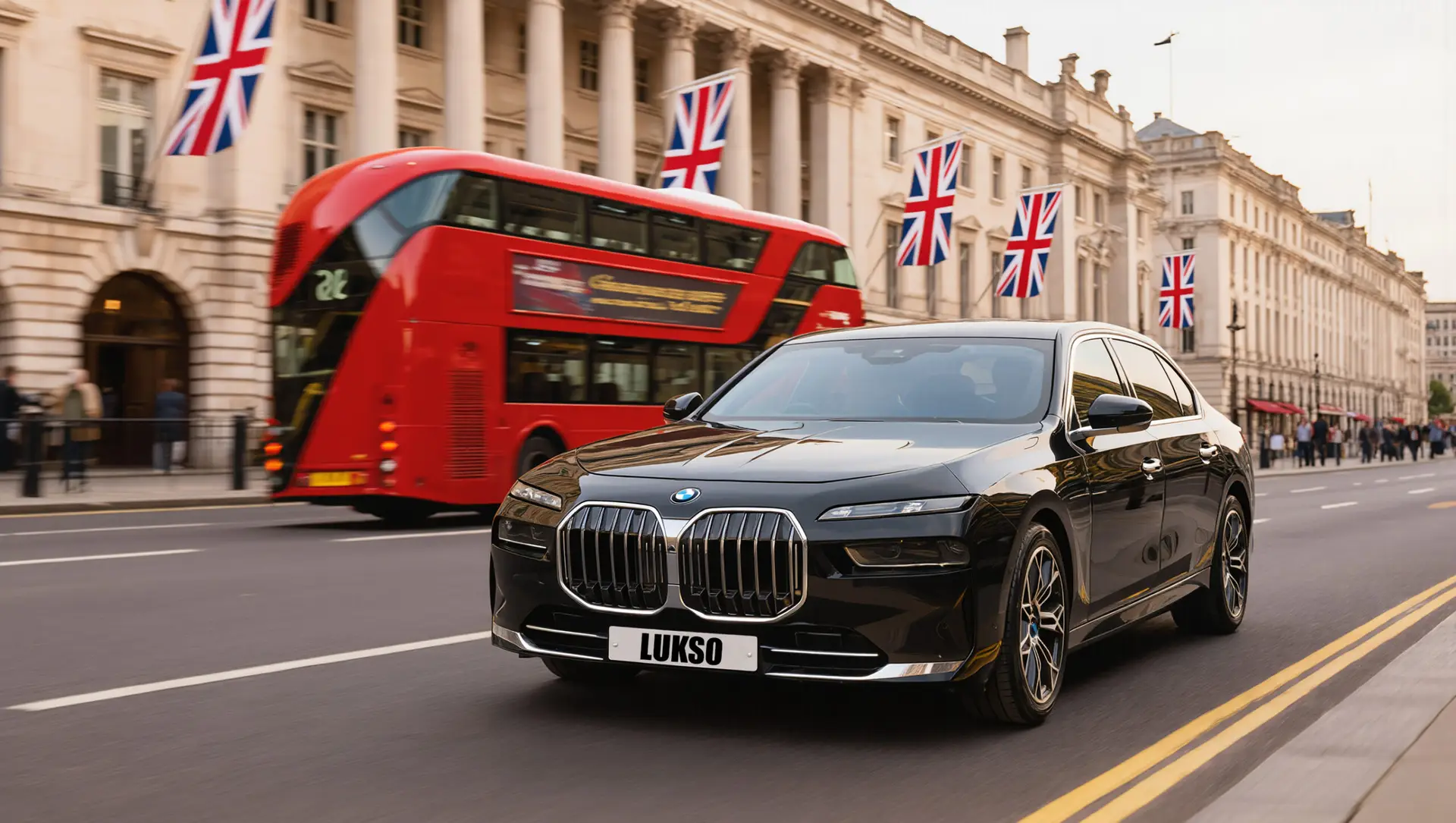 A black BMW 7 Series (LWB) saloon drives on a city street beside a red double-decker bus, with British flags hanging from the buildings in the background.