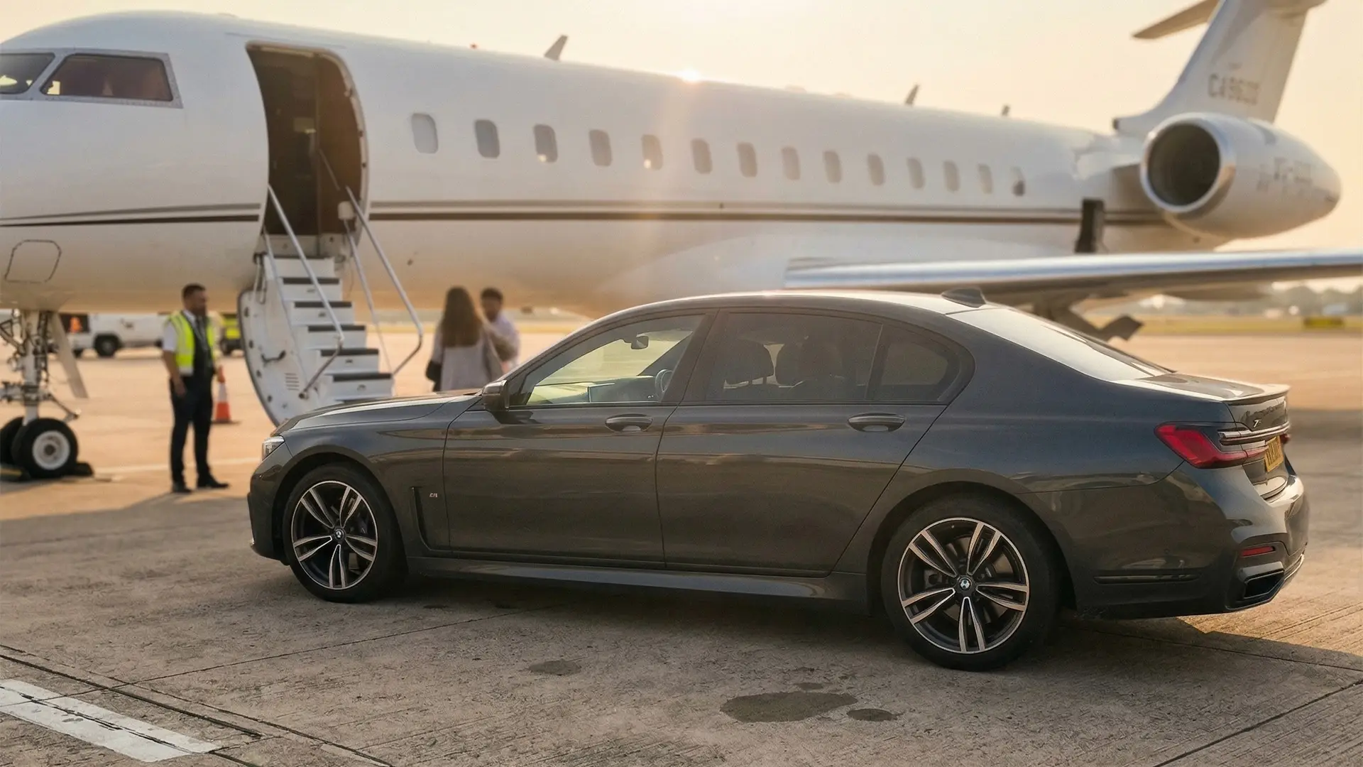 BMW 7 Series black luxury saloon on the apron beside a private jet for Lukso Travel