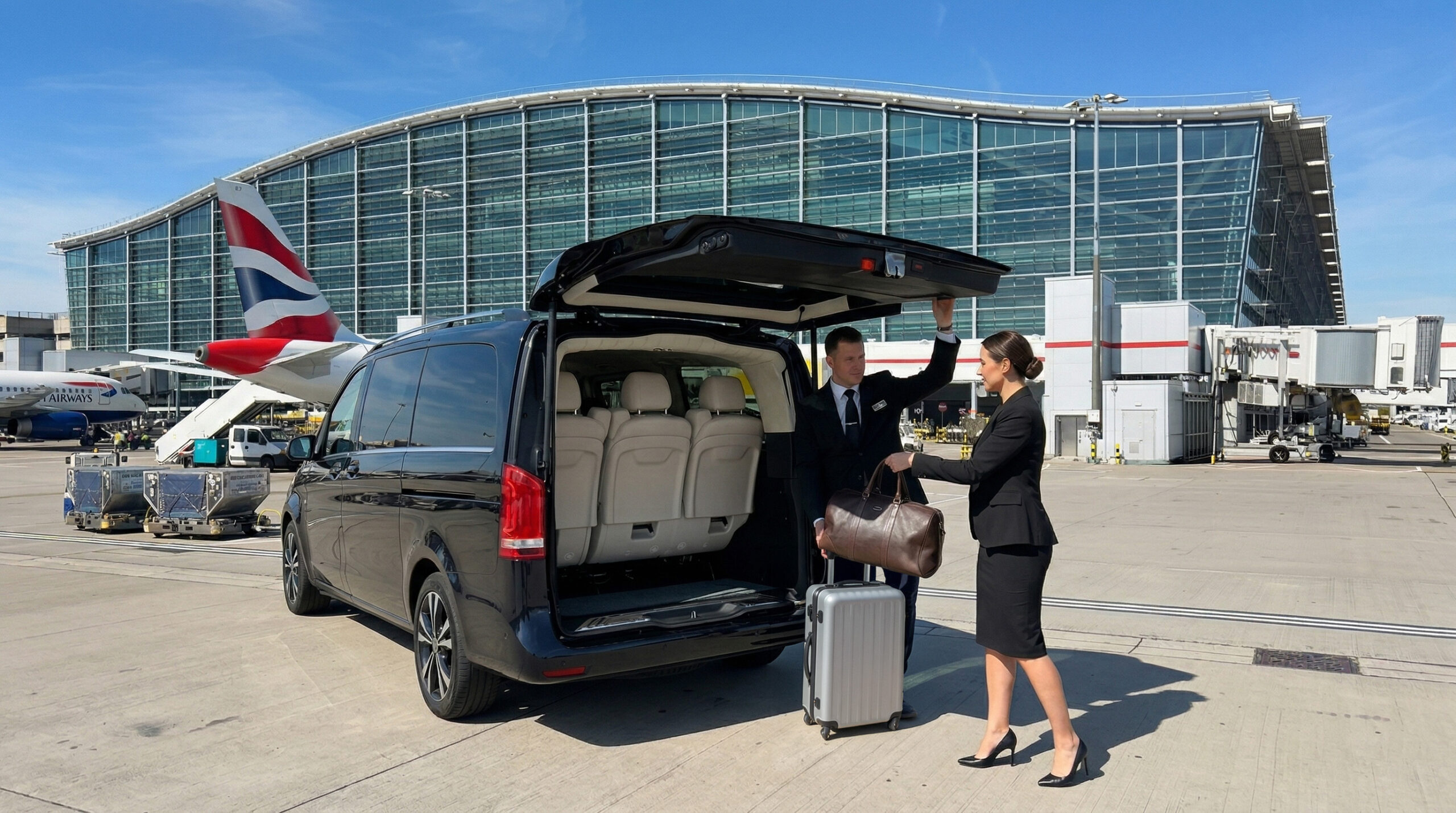 Two people in business attire unload luggage from a Mercedes Senzati V-Class van at an airport, with a terminal building and a British Airways aeroplane visible in the background.