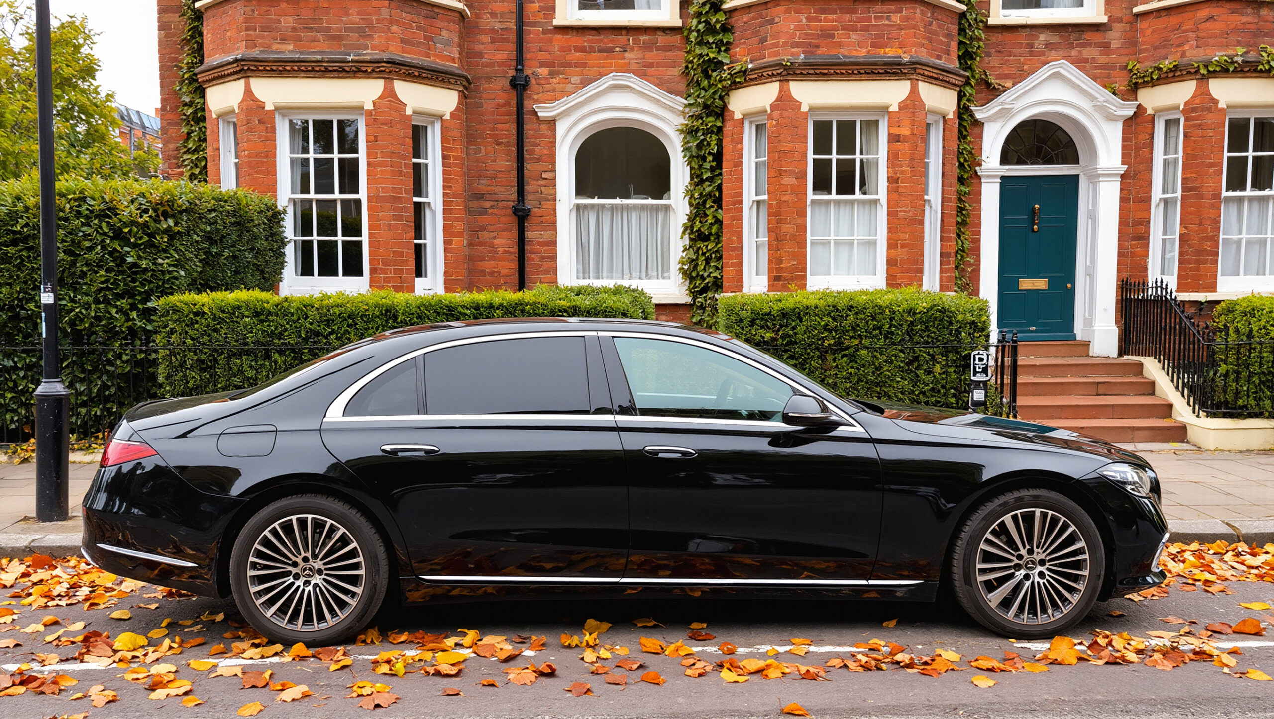 A black Mercedes E Class luxury saloon is parked on a street covered with autumn leaves, in front of a red brick house with white-trimmed windows and a green door.