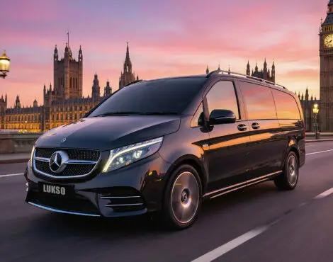 A black Mercedes Senzati V Class van drives on a road near the Houses of Parliament and Big Ben in London at sunset.