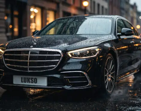 A black Mercedes S Class (LWB) luxury saloon with LUKSO on the number plate is parked on a wet city street at night, rain falling as vibrant lights reflect off the glistening pavement.