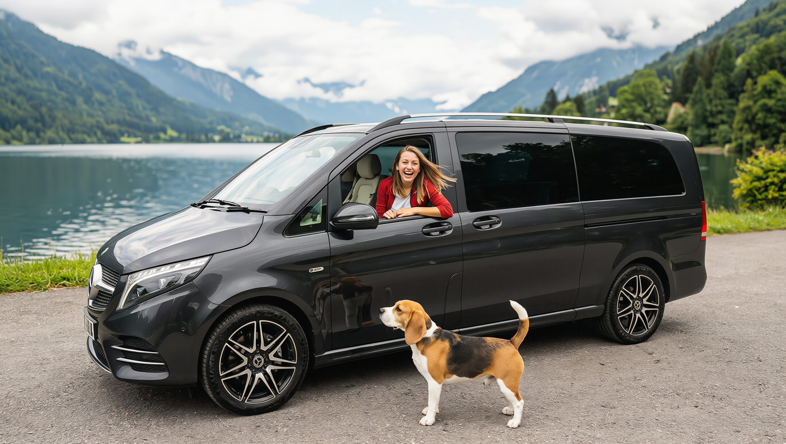 A woman sits in the driver’s seat of a black Mercedes Senzati V Class van parked by a lake, smiling, whilst a beagle stands on the road nearby. Forested mountains and water complete the scenic background.
