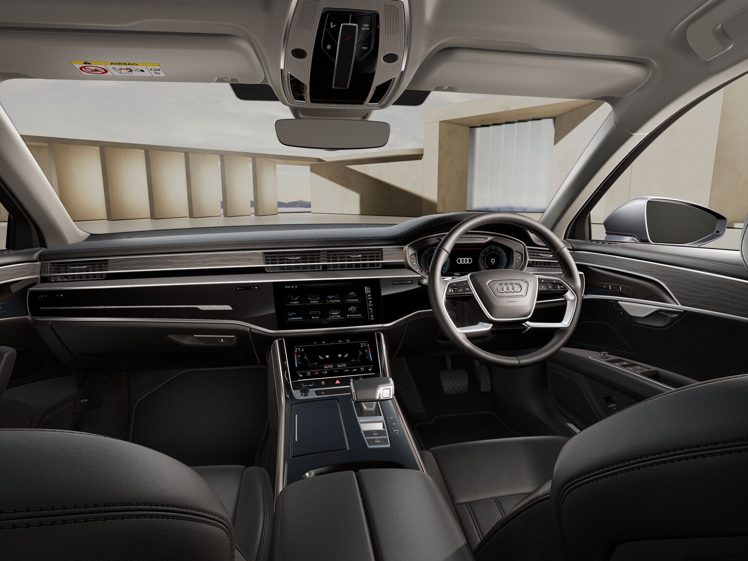 Modern Audi A8L car interior featuring a digital dashboard, touchscreen controls, leather seats, and a multifunction steering wheel, with an exterior building visible through the windscreen.
