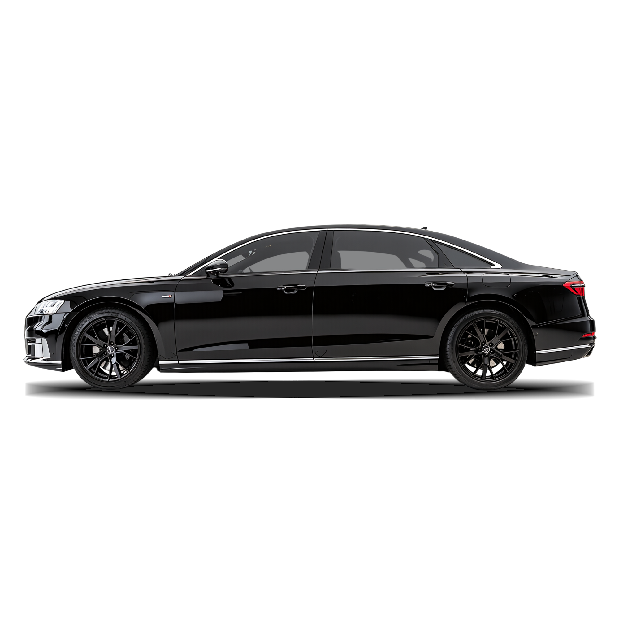 Side view of a black BMW 7 Series (LWB) luxury saloon with tinted windows and black alloy wheels, displayed on a plain white background.