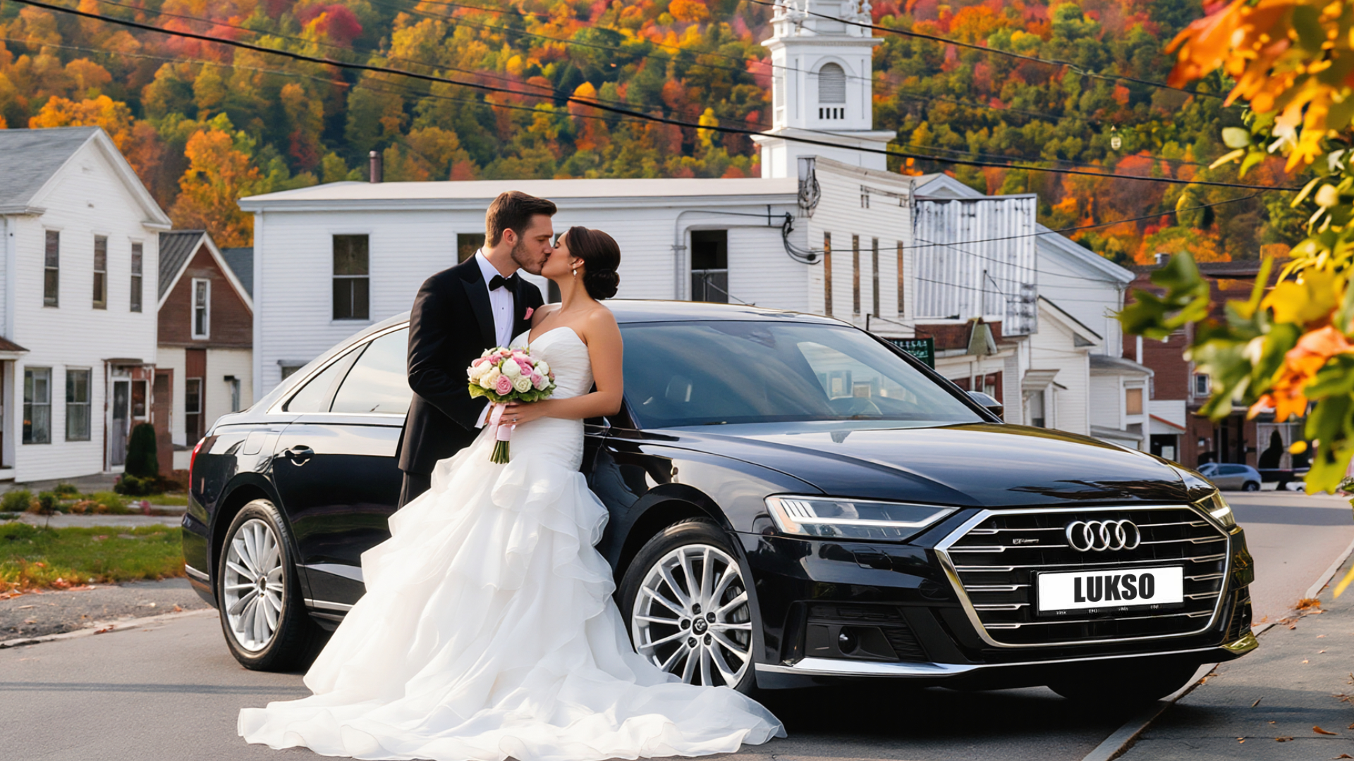 A bride and groom in formal attire kiss in front of a black Audi A8L with a “LUKSO” number plate on a small-town street during autumn.