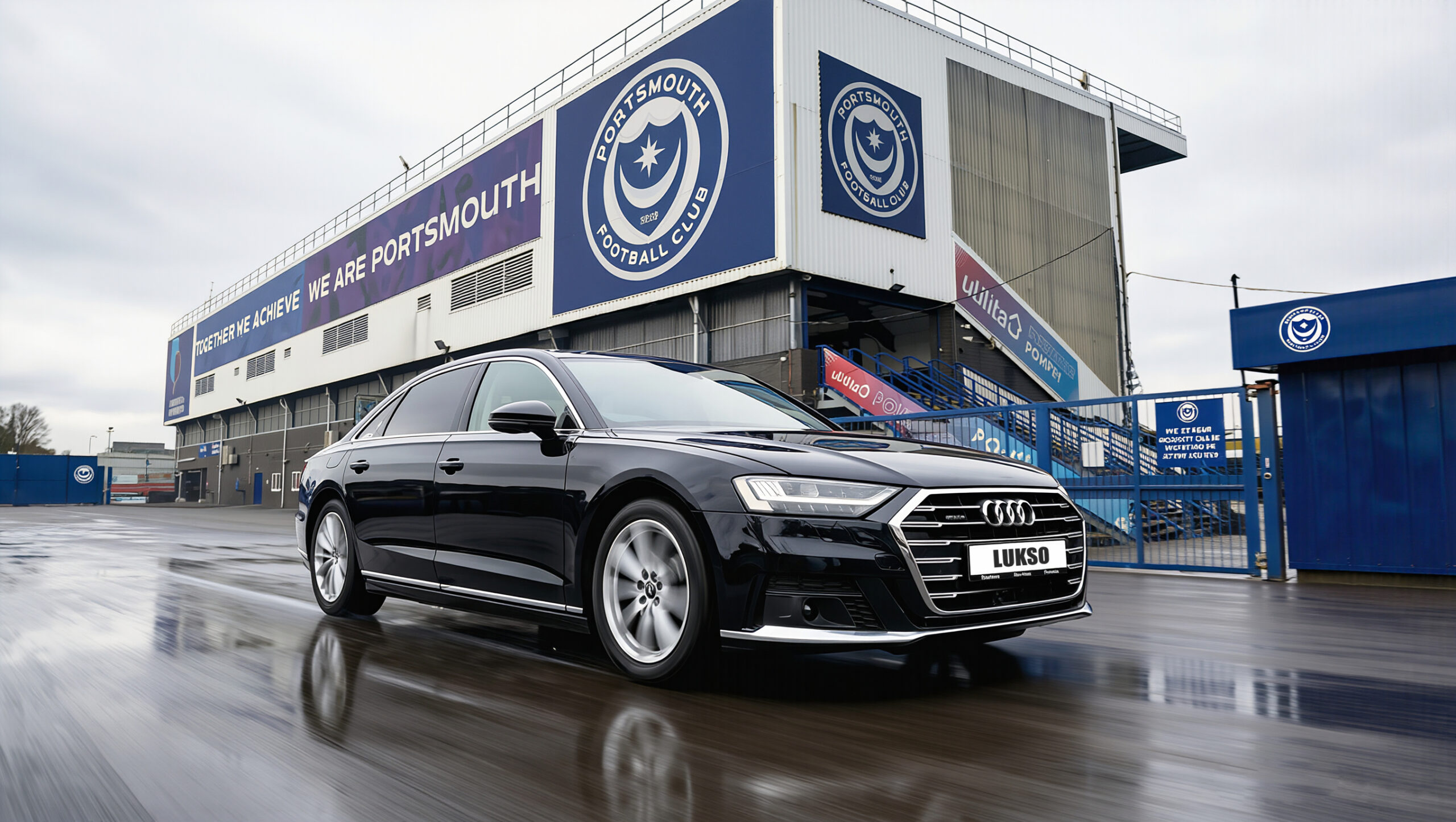 A black Audi A8L saloon with a LUXISO number plate is parked in front of Portsmouth Football Club's stadium on a wet day.