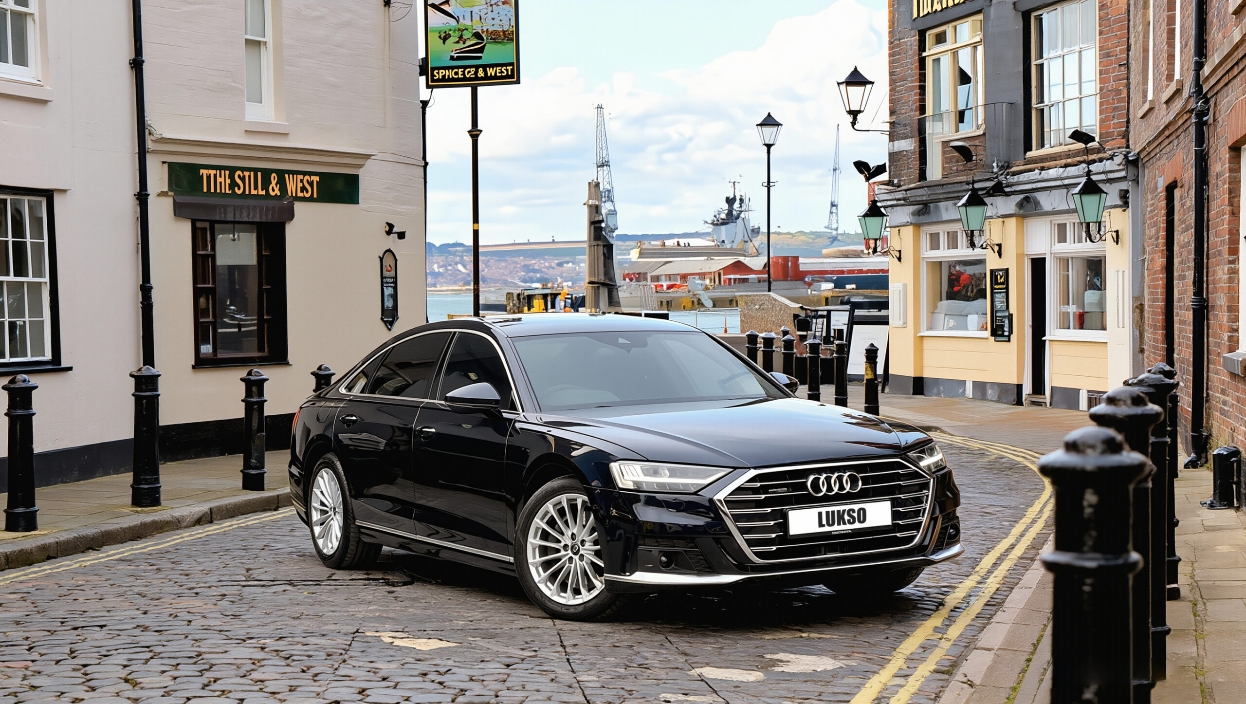 A black Audi A8L saloon with LUXSO on the plate is parked on a cobbled street near traditional buildings and a pub called The Still & West.
