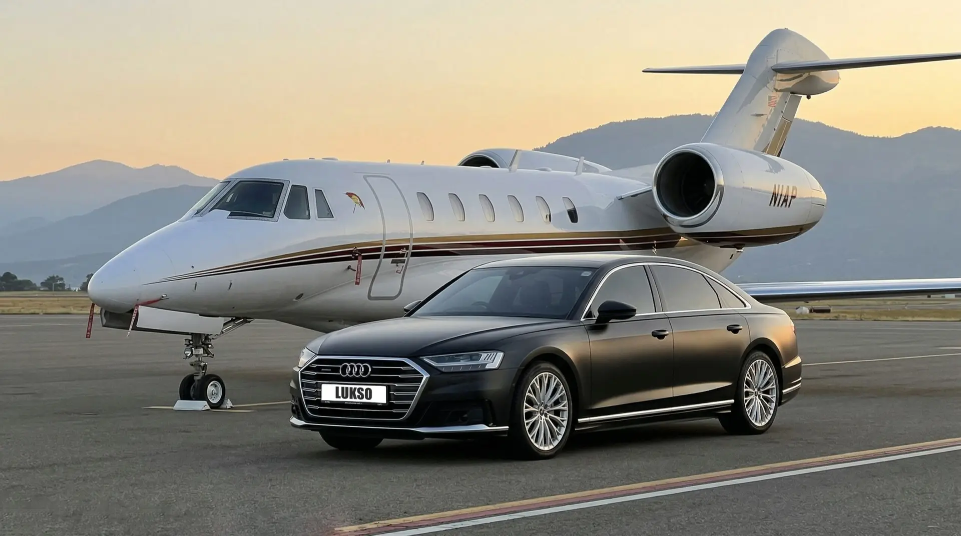 A black Audi A8L saloon with a LUXUSO number plate is parked on an airport apron in front of a white private jet, with mountains silhouetted by the sunset in the background.